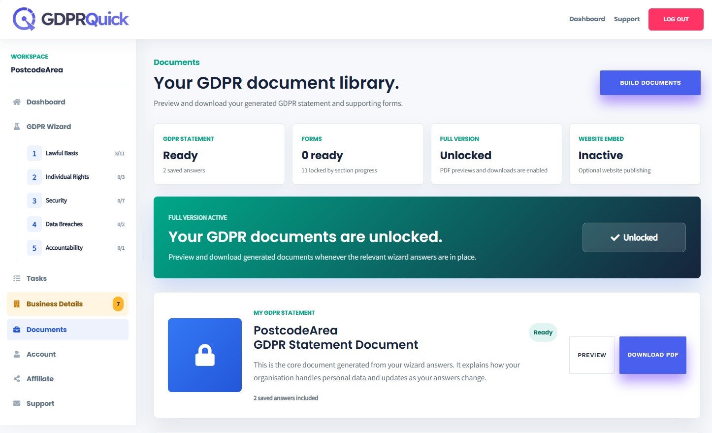 GDPRQuick wizard screenshot