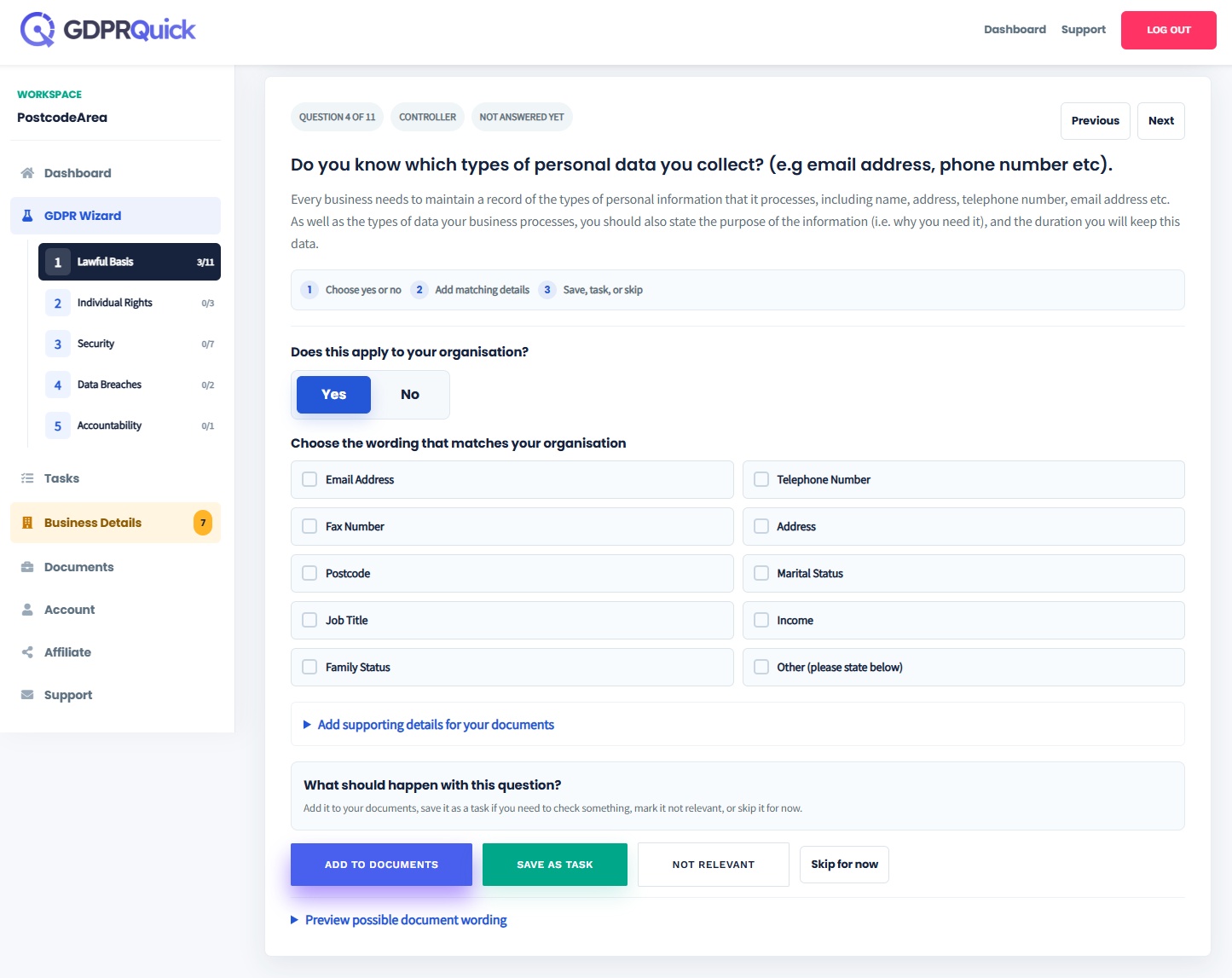 GDPRQuick wizard interface